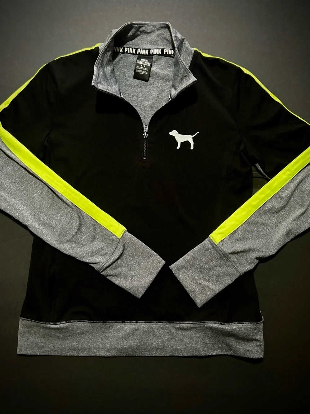 PINK Victoria's Secret Black quarter zip with Gray Lining and White Dog Logo med